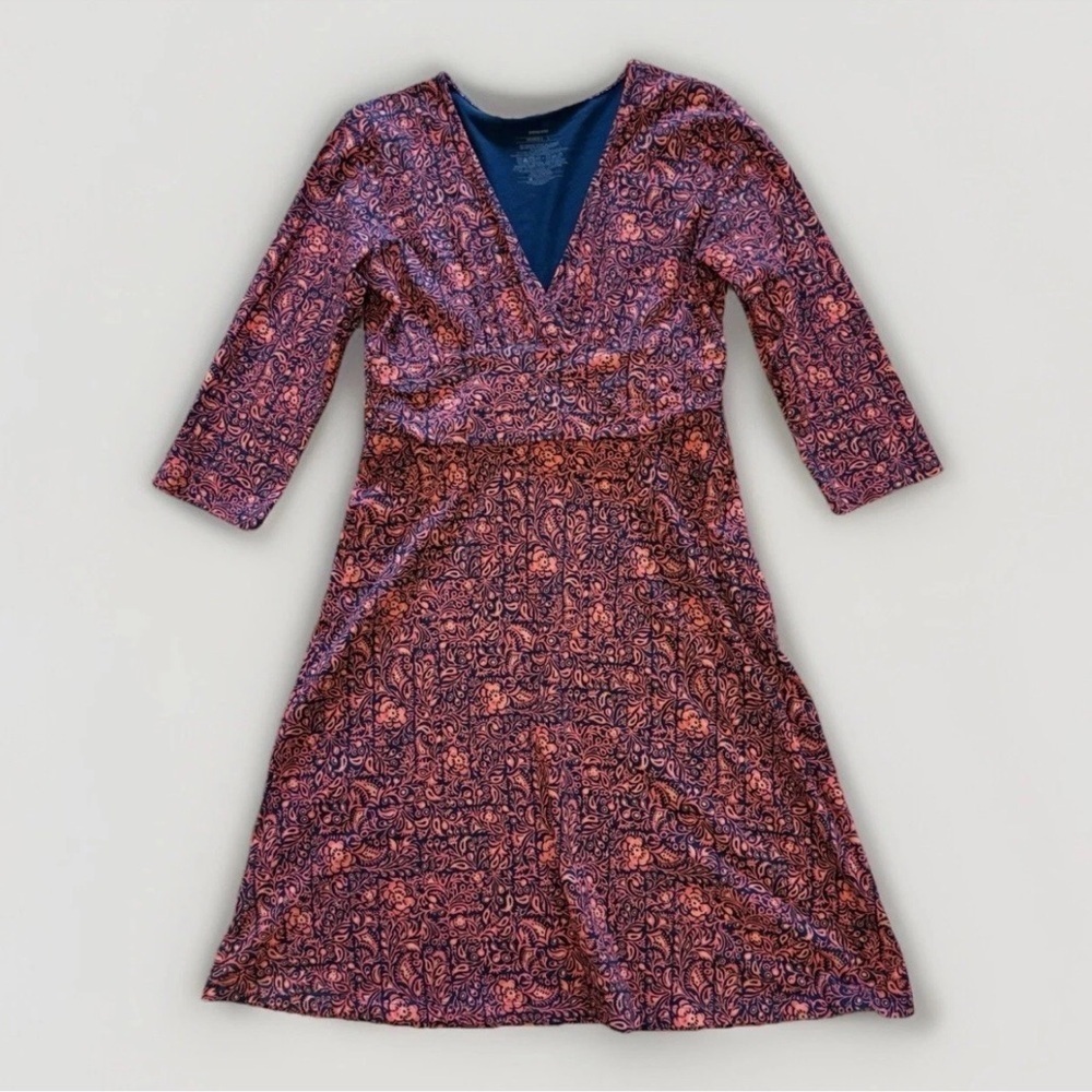 Patagonia Margot Activewear Organic Cotton Dress Sz L Red Floral A Line Travel